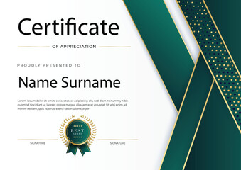 Green white and gold certificate design with luxury and modern certificate award design template pattern certificate of achievement awards diploma education school | Premium Vector