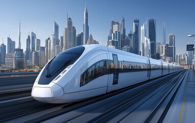 Naklejka premium Futuristic white high-speed train gliding through a modern cityscape, embodying cutting-edge rail technology and sleek aerodynamic design