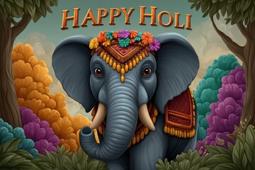 Festive elephant adorned with flowers celebrates happy holi