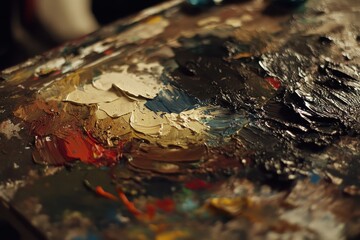 Fototapeta premium Close-up of a paint palette with thick impasto strokes of various colors.