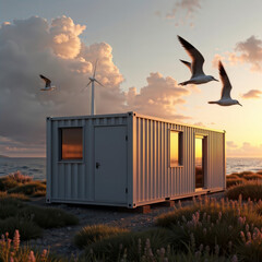 Sustainable off-grid living. A container home with a wind turbine on a beach, representing self-sufficient energy and modern living.