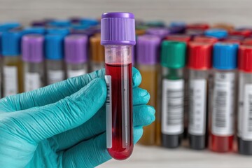 Gloved hand holds blood sample tube amidst rows of medical vials