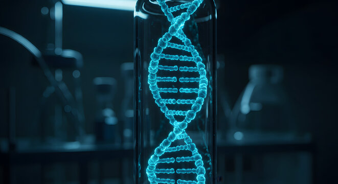 Glowing Blue DNA Strand in a Lab