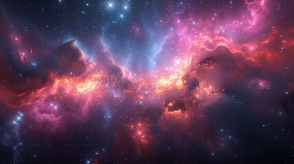 Fototapeta premium A colorful cosmic cloud formation featuring pinks, reds, and blues dotted with scattered stars