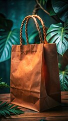 Brown paper shopping bag with rope handles amidst lush tropical leaves