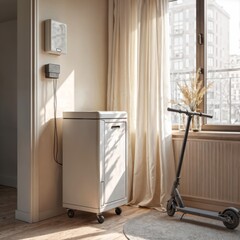 Modern home battery. A sleek, portable home energy storage unit in a sunlit modern apartment, with an electric scooter nearby.