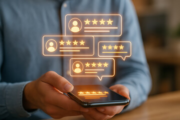 Hand holding phone with glowing review stars, customer satisfaction, mobile feedback, and online reputation management