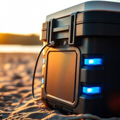 Portable power station outdoors. A rugged battery pack on a sandy beach provides power at sunset.