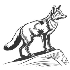 Monochrome Fox Illustration Depicting Wildlife Art Standing on a Rocky Outcrop, Evoking Strength and Wilderness, Detailed Fur Texture