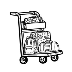 Fototapeta premium Luggage cart filled with various bags and suitcases in sketch style 