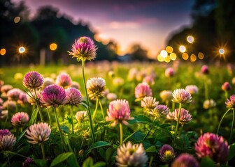 Fototapeta premium Night blooms: Clover flowers bathed in soft light, a stunning nighttime lawn scene.