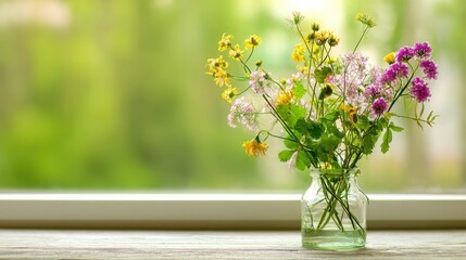 A bouquet of wildflowers in a glass vase on a windowsill.