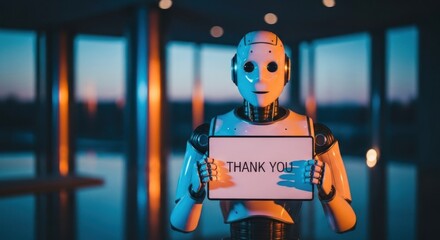 Robot holding sign that says "Thank You".  Modern, futuristic