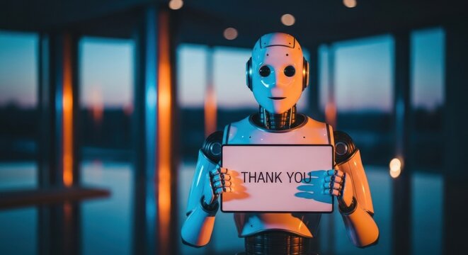 Robot holding sign that says "Thank You".  Modern, futuristic
