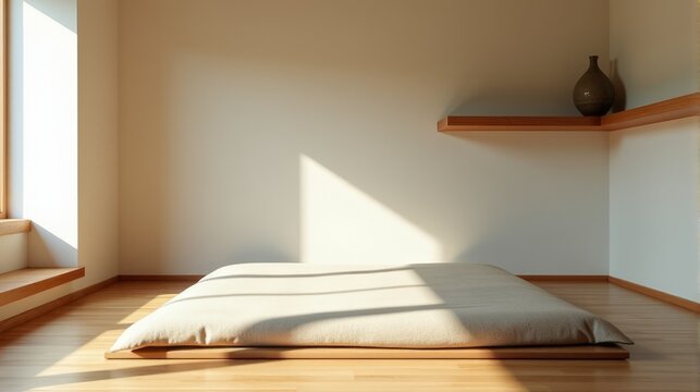 Peaceful Japanese minimalist bedroom with a simple floor mattress and natural linen bedding