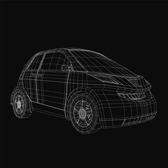 Naklejka premium A 3D wireframe model of a electric car on a black background, showcasing sleek design and modern technology. The small car features realistic rendering with clean lines and detailed.