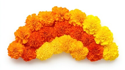 A colorful arrangement of marigold flowers in an arch shape.