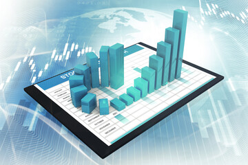 Business graph on a tablet shows growth charts and financial data. 3d illustration