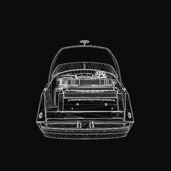 A sleek black and white 3D wireframe model of a luxury yacht features intricate details like the hull, sails, and rigging against a dark background. The minimalist design highlights the boat's.