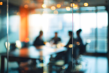 Blurred background of an office interior with business people working together, creating a dynamic and busy atmosphere