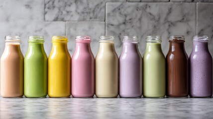 Colorful smoothie lineup featuring various protein shakes on a marble counter