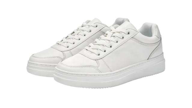 Pair of stylish white leather platform sneakers with laces isolated on transparent background