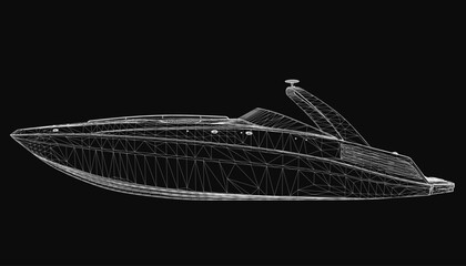 A sleek speedboat rendered in detailed wireframe style, showcasing its aerodynamic design and structure. The 3D model floats on a black background, emphasizing its futuristic and technical appeal.