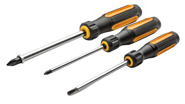 Three assorted screwdrivers with orange and black handles isolated on transparent background