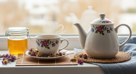 Fototapeta premium Afternoon tea setup with teapot and snacks