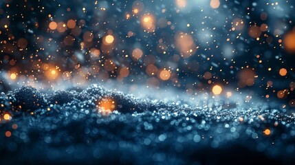 Snowy ground with glittering light orbs and sparks against a blurred dark blue background