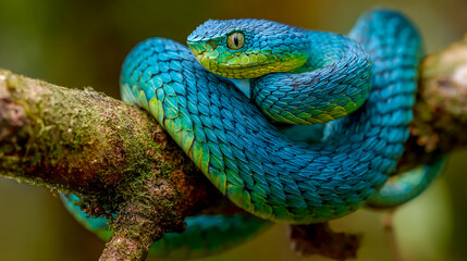 Fototapeta premium Vibrant Blue Viper Coiled on Branch in Tropical Rainforest Majestic Colors and Intricate Scale Detail Amazing Wildlife Portrait