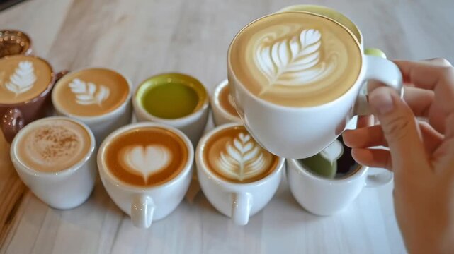 A row of coffee cups with different flavors and designs. The cups are arranged in a line, with some cups having leaves on them. Concept of variety and creativity in the coffee options available