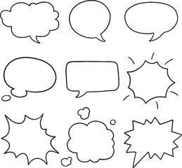 Fototapeta premium A set of diverse speech bubbles and text balloons in black outlines on a white background, perfect for graphic design and illustrations.