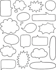 A set of diverse speech bubbles and text balloons in black outlines on a white background, perfect for graphic design and illustrations.