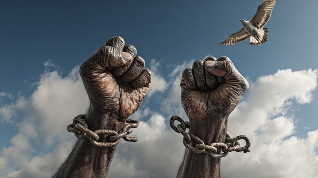 Under the blue sky and white clouds, a black fist breaks free from metal chains, symbolizing freedom, liberation and the abolition of slavery, with flying birds in the sky