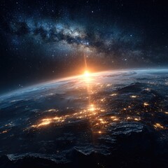 Fototapeta premium Earth sunrise, city lights, vast space