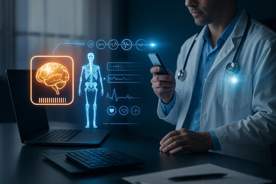 AI generated futuristic scene of doctor analyzing human body and brain data via glowing holographic interface with advanced real time diagnostics in high tech digital environment
