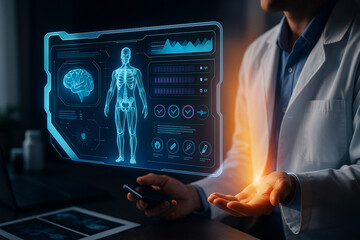 AI generated futuristic doctor analyzing glowing holographic human anatomy and brain data interface with vibrant light for advanced medical diagnostics and digital health monitoring
