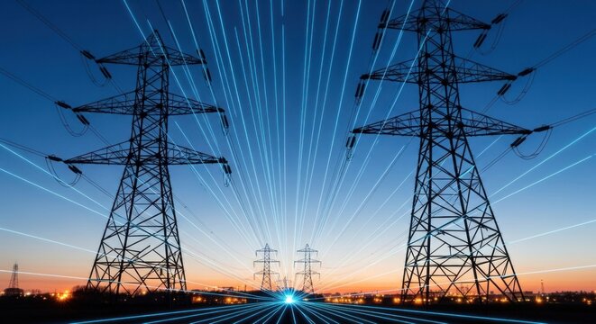 Silhouette power pylons at dusk, radiating digital lines