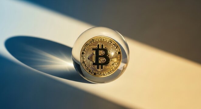 Cryptocurrency sphere A golden coin inside a crystal orb casts a strong shadow