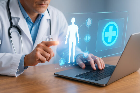 AI generated futuristic doctor using laptop with glowing medical hologram interface to analyze patient data in real time in clean high tech environment