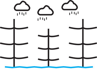 Vector illustration of a rainy jungle environment with dense trees, tropical plants, and natural rainfall, depicting a peaceful green forest ecosystem and monsoon weather scene