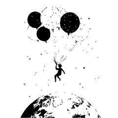Fototapeta premium Silhouette of a person floating away from earth holding onto a bunch of balloons in a black and white image