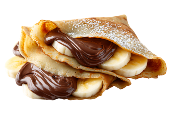 On transparent background a delightful closeup of two crepes filled with banana slices and drizzled with