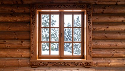 Wooden window in log cabin