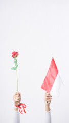 A woman hands with red and white Indonesia flag color attribute holding mini Indonesia flag decoration and a rose to celebrate Indonesia independence day celebration isolated on white background
