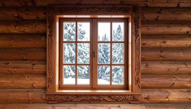 Fototapeta Wooden window in log cabin