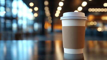 A single-serve coffee cup with a brown paper sleeve sits on a reflective surface.  The background is a blurred, brightly lit interior space