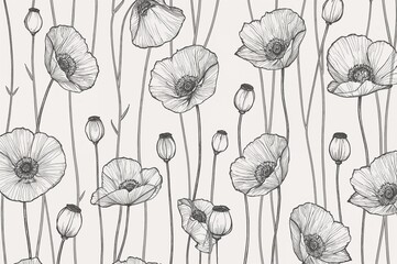 black and white seamless pattern of delicate poppy flowers and buds with slender stems.