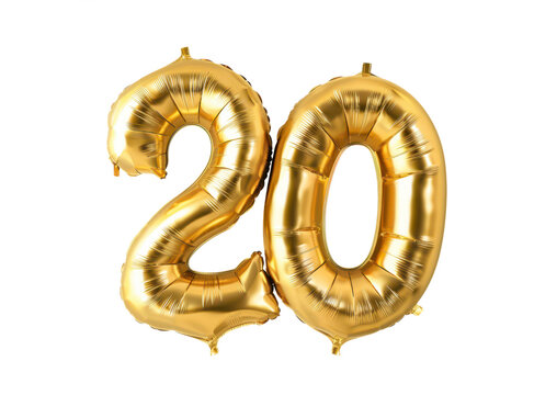 festive golden number 20 twenty as golden mylen balloons isolated on white or transparent png
